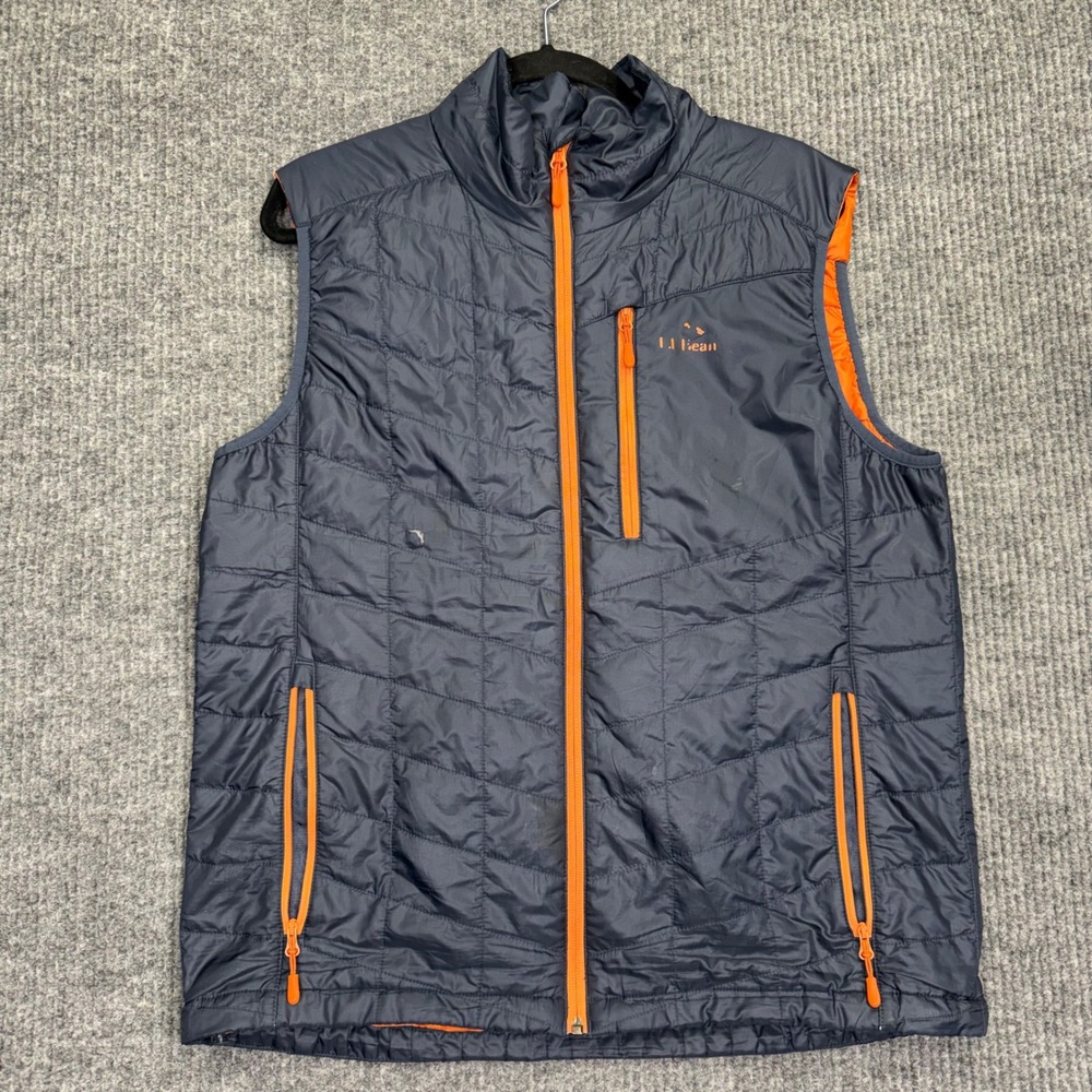 LL Bean Mens PrimaLoft Packaway Vest Navy Blue Orange Quilted Size Medium Reg